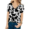 Stylish close-up of a women's loose V-neck t-shirt with black and white cow print - Leopard 1