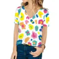 Detailed view of women's casual V-neck t-shirt with vibrant colorful leopard print pattern - S / Colorful Leopard 4