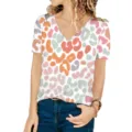 Stylish women's loose V-neck short sleeve T-shirt featuring a colorful abstract pattern - S / Colorful Leopard 2