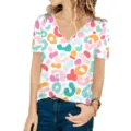 Loose V-neck t-shirt for women featuring a vibrant colorful abstract leopard print - S / Colorful Leopard 1