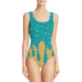 Dettaglio costume da bagno intero donna con stampa di waffle e zuccherini colorati. - Teal