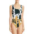 Vista dettagliata del costume intero da donna con stampa mucca e motivo waffle dolce - Stampa Leopardata 2