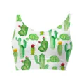 Close-up of women's sports bra featuring a vibrant watercolor cactus print on white fabric. - Cactus
