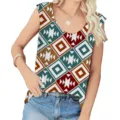 Macro view of colorful geometric triangle and square pattern on a summer tank top. - Geometric