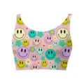 Detailed view of women's cropped vest featuring colorful smiley face and flower pattern - Smiley Face