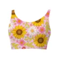 Detailed view of pink floral cropped tank top with vibrant sunflower patterns. - Sunflower