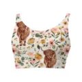 Detailed view of women's crop top featuring highland cow and floral watercolor patterns - Floral Cow