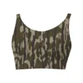 Macro view of women's camouflage tiger stripe pattern sports bra with wide straps - Camouflage