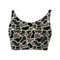 Detailed view of women's cropped tank top with brown and black cow print pattern. - Leopard 2