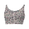 Detail view of women's camouflage print sports bra with thin straps and scoop neck - Leopard 1