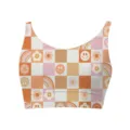 Detailed view of women's cropped tank top featuring pastel checkerboard and smiley faces - S / Colorful Plaid