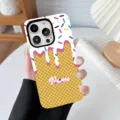 Custom ice cream waffle pattern phone case with personalized name engraving detail view. - White