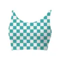 Teal and white checkered women's crop tank top sports bra, stylish seamless design - S / Blue Plaid
