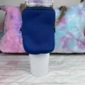 Blue neoprene storage pouch accessory attached to a 40oz white insulated tumbler cup - Sapphire Blue