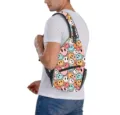 Male model wearing a colorful smiley face pattern sling bag on white background - Smiley Face