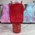 Red neoprene water bottle pouch for 40oz tumblers with zipper pocket and D-ring attachment - Red