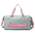 Large capacity grey-green sports duffel bag with pink straps and personalized logo - Green Pink