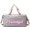 Large capacity grey sports fitness bag with pink straps and personalized text logo - Dusty Pink