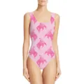 Front view of women's pink one-piece swimsuit featuring cowboy bronco print on model - XXS / Dresses / Cowboy