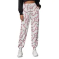 Close-up of white jogger sweatpants featuring an all-over red and white baseball print - S / Baseball Style