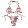 Close-up of a pink cowboy-themed two-piece bikini set featuring boot and hat prints - Hat Style