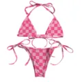 Front view of a pink checkered two-piece bikini set with tie-side triangle bottoms - Red Grid Pattern