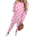 Casual pink two-piece sweatshirt set featuring an all-over cowgirl graphic print - S / Top And Bottom / Pink Cowboy Set