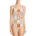 Detailed front view of a women's one-piece swimsuit featuring a retro checkered pattern - Smiley Face / XXS