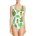 Detailed view of women's one-piece swimsuit with vibrant green cactus print design - Cactus / XXS