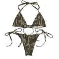 Detailed view of the camouflage print two-piece bikini swimsuit with adjustable ties - XS / Set / Camouflage