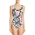 Detailed front view of a women's one-piece swimsuit featuring cheer and leopard print design - Alphabet / XXS