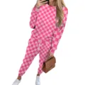 Pink and white checkerboard print long sleeve sweatshirt and jogger pants set - S / Top And Bottom / Rose Red Plaid Set