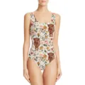 One-piece women's swimsuit featuring a cute Highland cow and floral botanical print. - XXS / Floral Cow Print