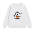 Detailed view of a white child's sweatshirt featuring a 'Stay Spooky' Halloween print - 100 / Tops / Style 7