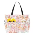 Large capacity leopard print beach bag showing front pockets with travel accessories. - Colorful Leopard 1
