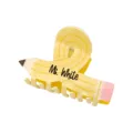 Close-up of a yellow pencil-shaped hair claw clip with custom name engraving - #8 Yellow Striped Criss-cross Pencil Claw Clip