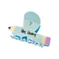 Detailed macro view of a creative pencil shaped hair claw clip with Mrs. Howry text - #9 Blue Striped Crisscross Pencil Claw Clips