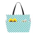 Teal and white checkerboard beach tote with front pockets and yellow flip-flops - Blue Plaid