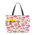 Large capacity waterproof beach tote bag with pink cowboy pattern showing pocket storage. - Cowboy