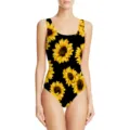 Close-up detail of vibrant sunflower floral pattern on black one-piece swimsuit - XXS / Sunflower