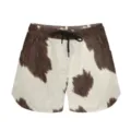Detail view of casual cow print shorts with black drawstring and elastic waist. - S / Bottoms / Cow Print 2
