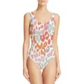 Close-up detail of women's one-piece swimsuit featuring a colorful pastel leopard print - XXS / Multicolor Leopard 4