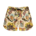 Detail view of retro cowboy print casual shorts with black drawstring waist - S / Bottoms / Cowboy 2