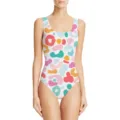 Detailed view of women's one-piece swimsuit featuring colorful abstract leopard print - Multicolor Leopard 1 / XXS