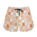 Detailed view of casual shorts featuring checkered pattern with smiley faces and rainbows - S / Bottoms / Orange Plaid