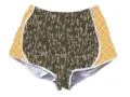 Detail view of camouflage and waffle pattern high-waisted sports shorts for women - Camouflage