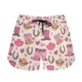 Detailed view of western cowgirl pattern with pink boots and hats on casual sports shorts - S / Bottoms / Hat Style 1