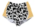 Detailed front view of cow print shorts with waffle cone pattern side panels for women - Leopard 2