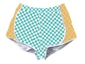 Detailed view of summer sports shorts with teal checkered print and waffle cone patterns - Blue & White Plaid