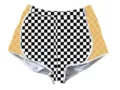 Detailed macro view of custom women's summer shorts with checkerboard and waffle pattern - Black and White Plaid